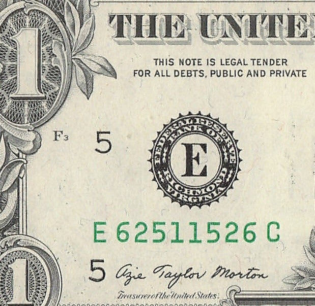Radar Fancy Serial Number One Dollar Bill 1977 Richmond 1s 2s 5s 6s EC