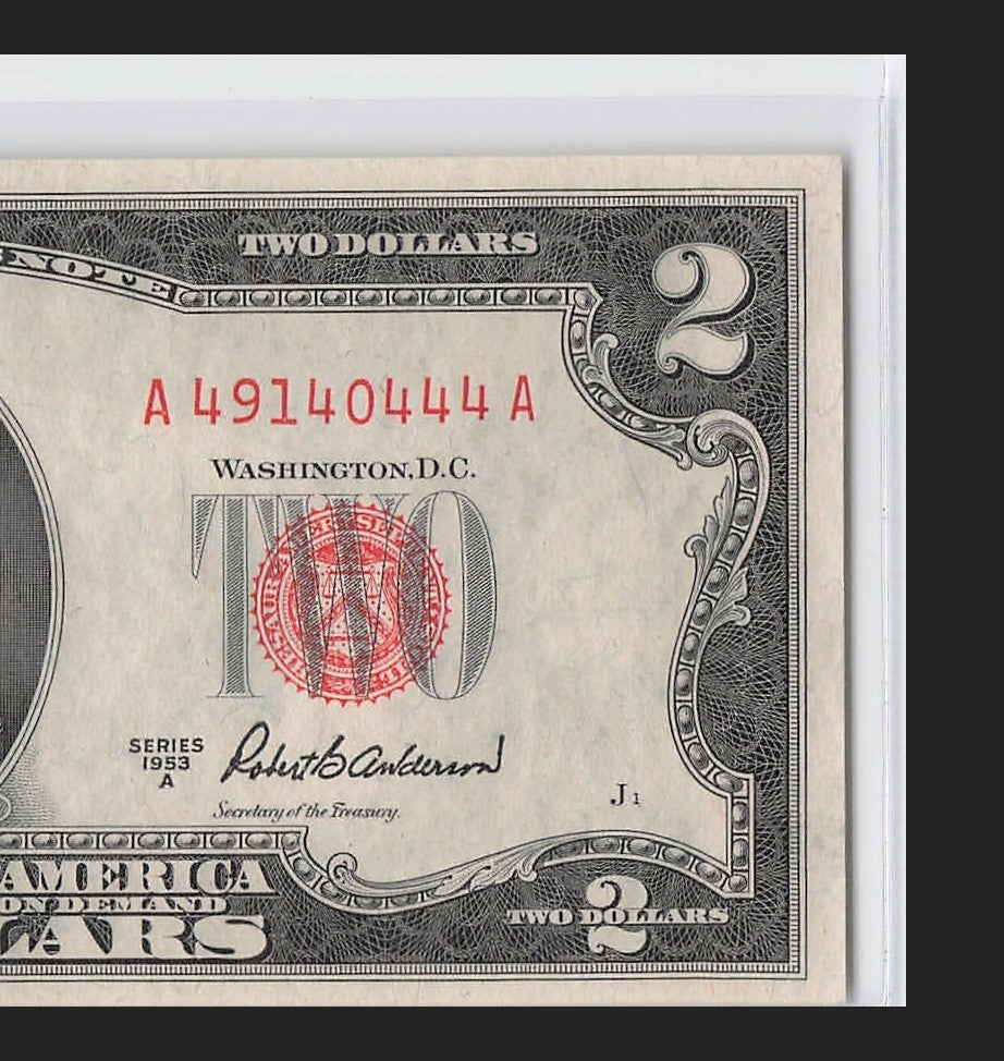 Five of a Kind 4s Fancy Serial Number Two Dollar Red Seal $2 1953A