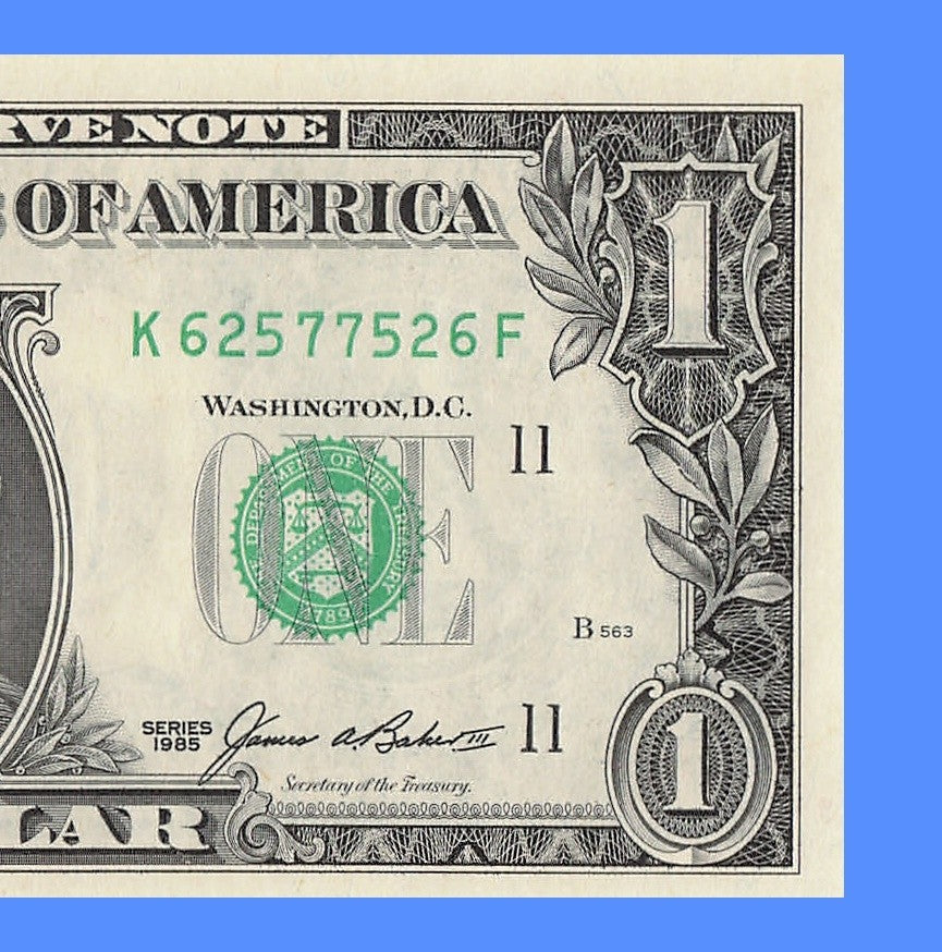Radar Fancy Serial Number One Dollar Bill 1985 2s 5s 6s 7s KF Block