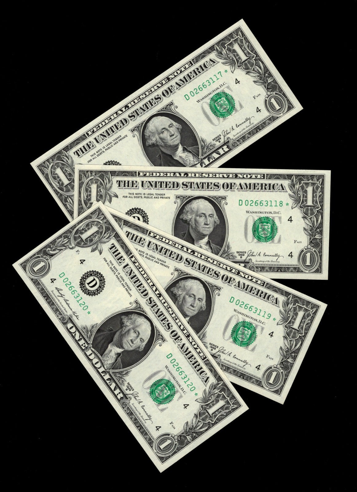 Star Note LOT One Dollar Bills 1969B D* Block Cleveland $1 Run 1 SEQ RUN of 4