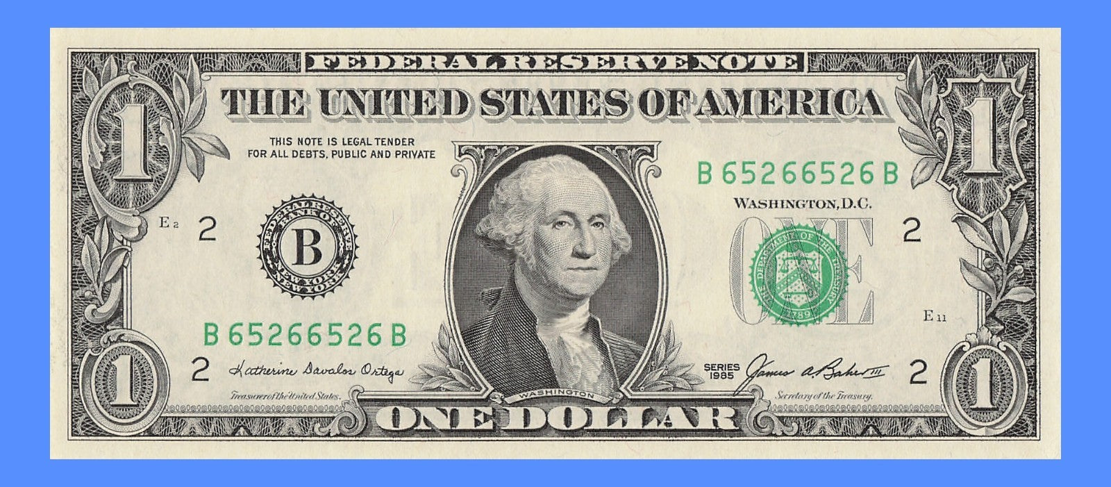 Repeater Fancy Serial Number One Dollar Bill 1985 2s 5s 6s BB Block