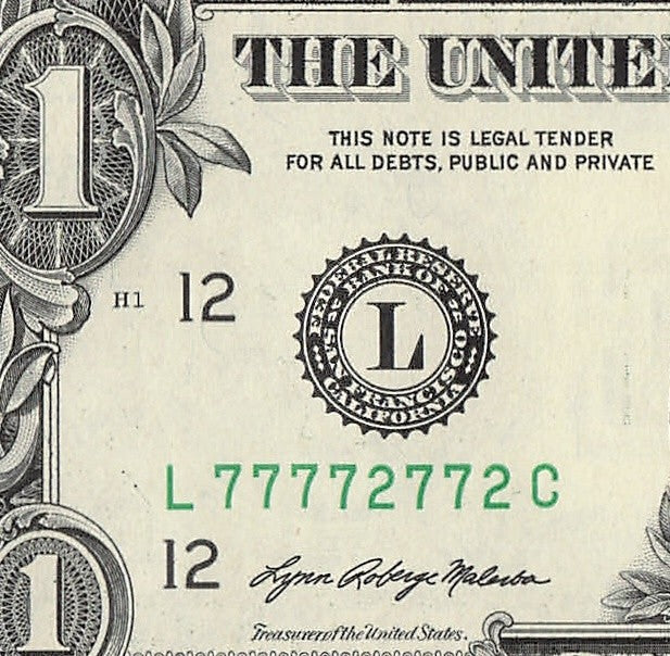 Binary Fancy Serial Number One Dollar Bill 2021 $1 Six of a Kind 2s 7s