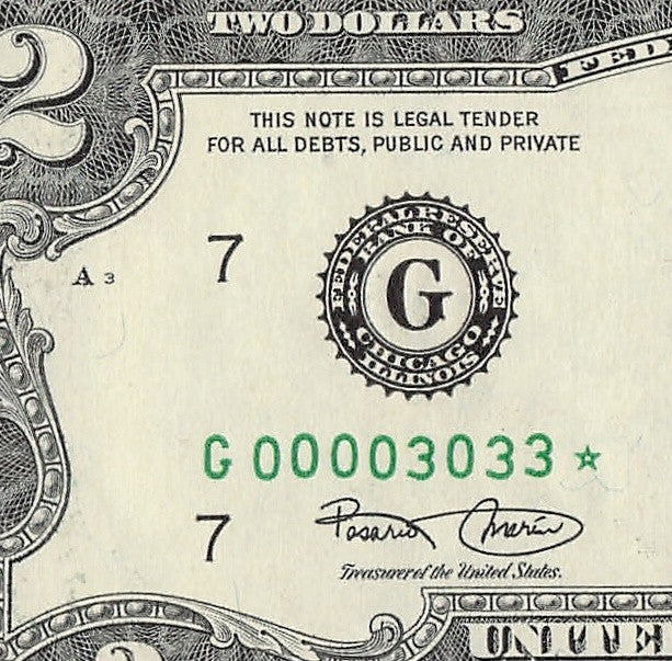 Binary Low Serial Number Star Note Two Dollar Bill G00003033* 3s 0s Chicago