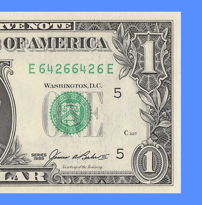 Repeater Fancy Serial Number One Dollar Bill 1985 2s 4s 6s EE Block Trinary