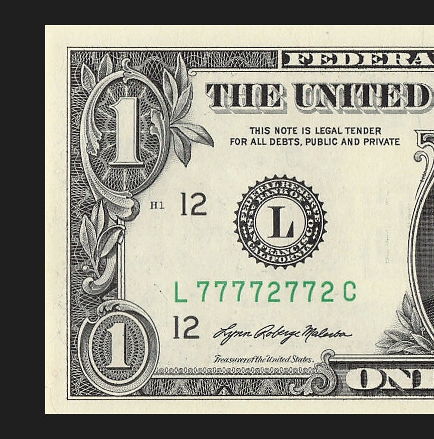 Binary Fancy Serial Number One Dollar Bill 2021 $1 Six of a Kind 2s 7s