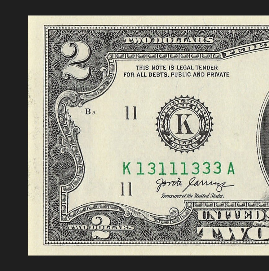 Binary Two Dollar Bill Fancy Serial Number 2017A $2 Dallas Binary 3s 1s