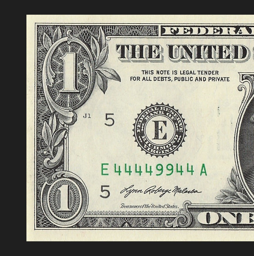 Binary Fancy Serial Number One Dollar Bill 2021 $1 Six of a Kind 4s 9s