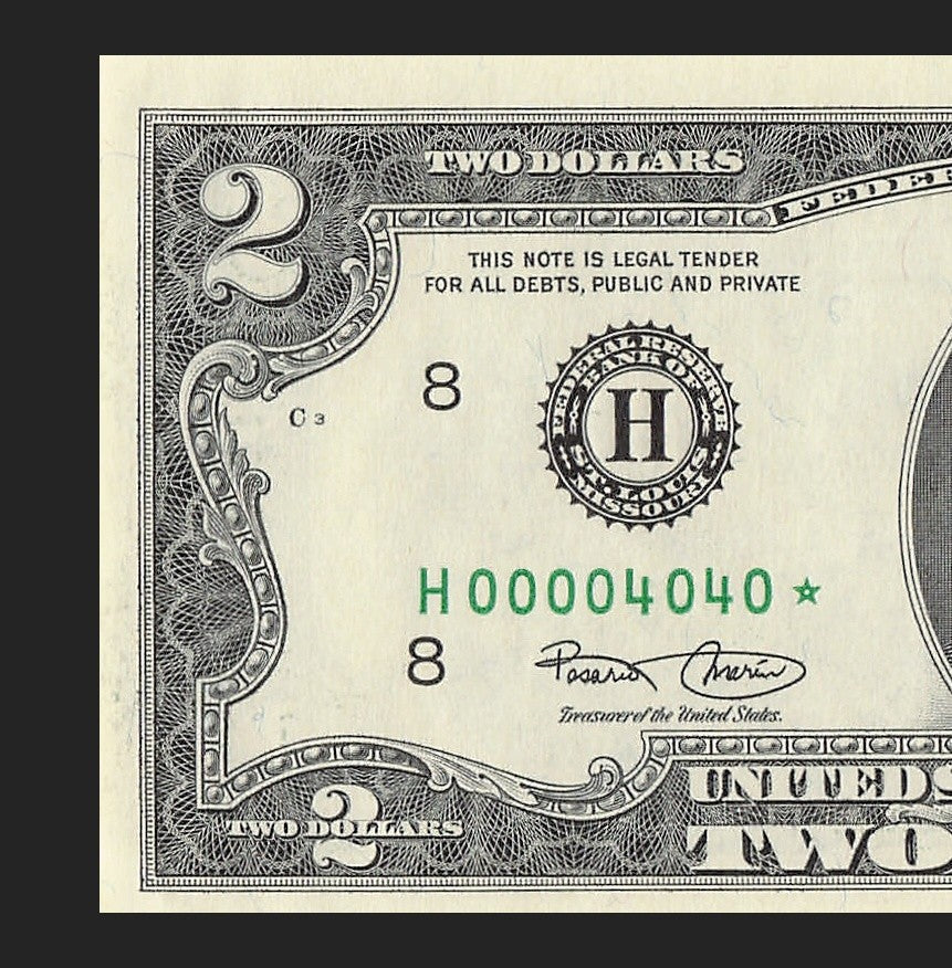 Binary Low Serial Number Star Note Two Dollar Bill H00004040* 4s 0s St Louis
