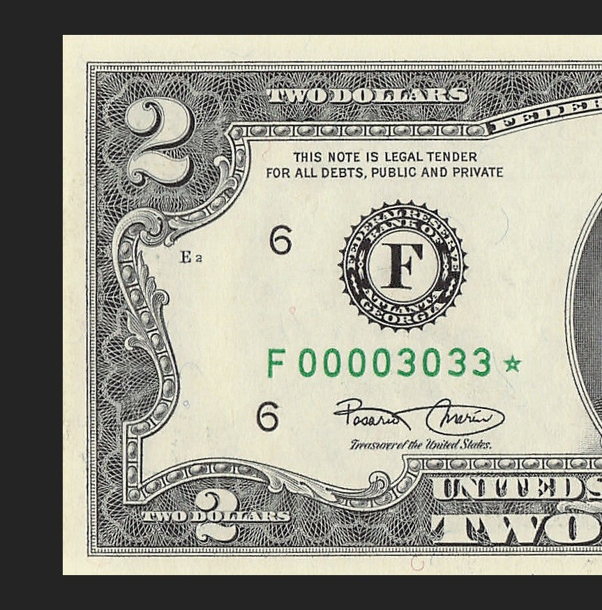 Binary Low Serial Number Star Note Two Dollar Bill F00003033* 3s 0s Atlanta