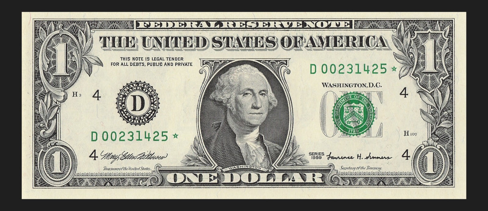Star Note One Dollar Bill 1999 $1 D* Block Cleveland Run 1 320K Sheet