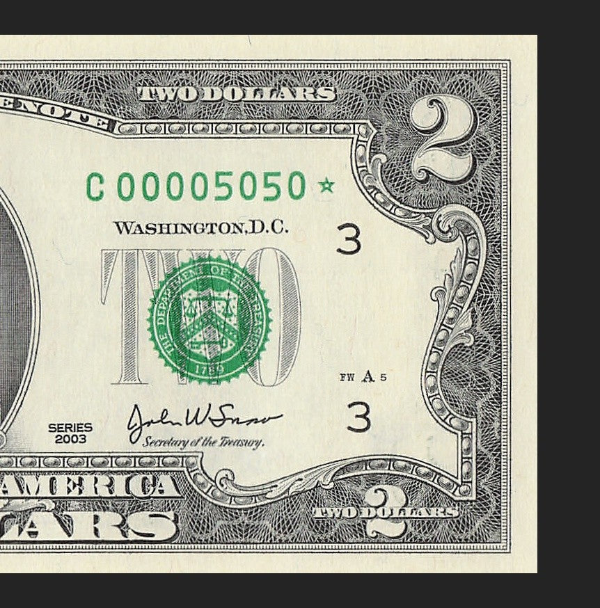 Binary Low Serial Number Star Note Two Dollar Bill C00005050* 5s 0s Philadelphia