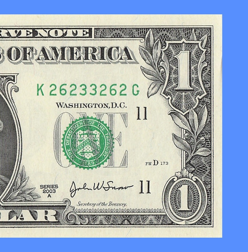 Radar Fancy Serial Number One Dollar Bill 3s 2s 6s 2003A KG Block