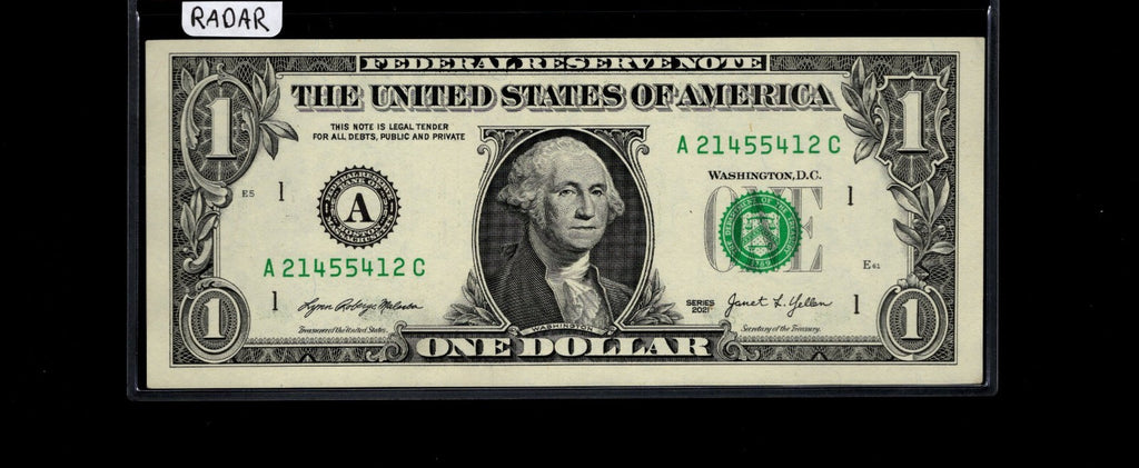 Radar Fancy Serial Number One Dollar Bill 2s 1s 4s 5s AC Block $1 2021 UNC