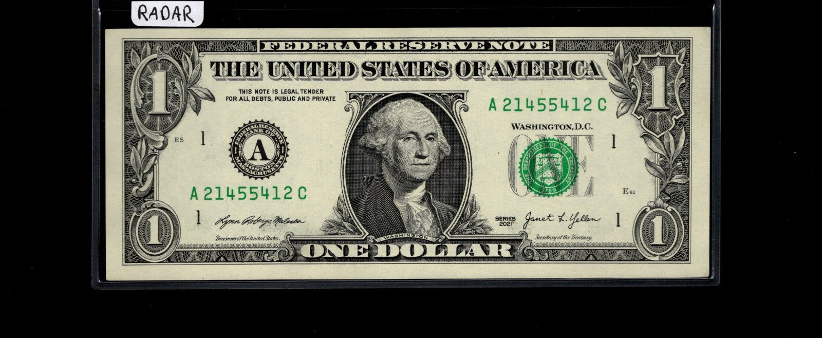 Radar Fancy Serial Number One Dollar Bill 2s 1s 4s 5s AC Block $1 2021 UNC