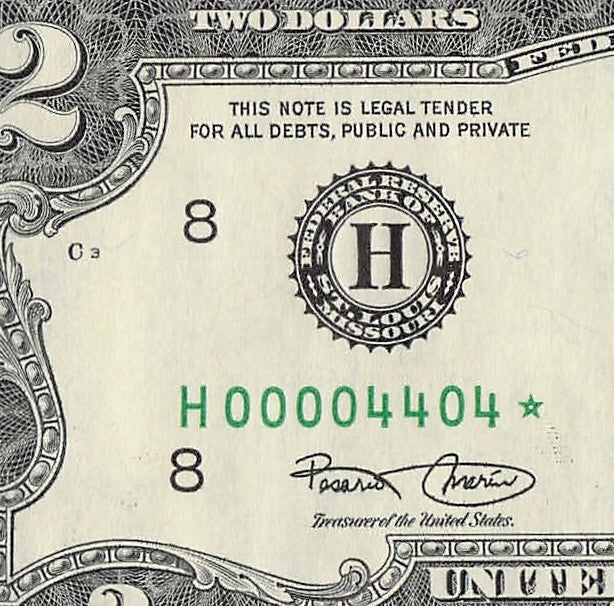 Binary Low Serial Number Star Note Two Dollar Bill H00004404* 4s 0s St Louis