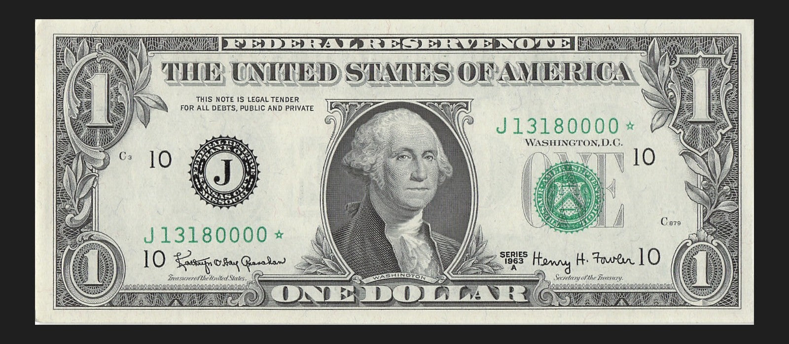 Star Note One Dollar Bill 1963A $1 J* Block Kansas City Four Trailing 0s