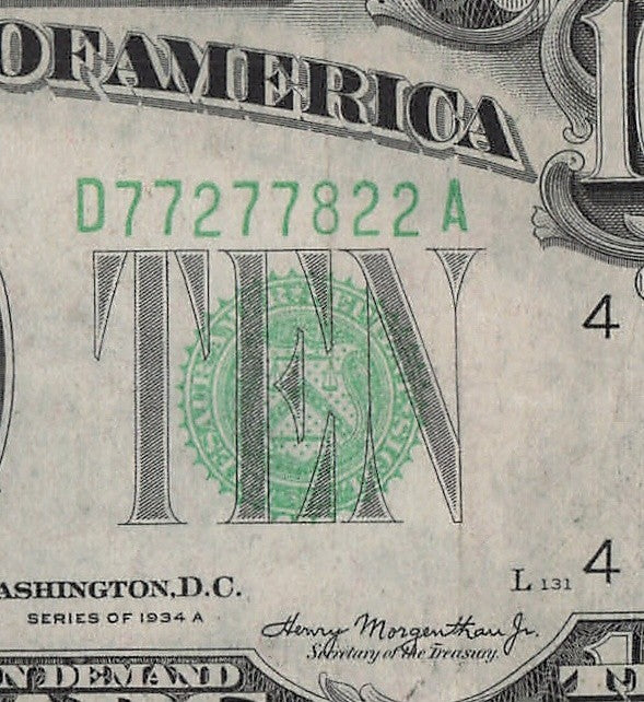 Trinary Fancy Serial Number Ten Dollar Federal Reserve Note 2s 7s 8s