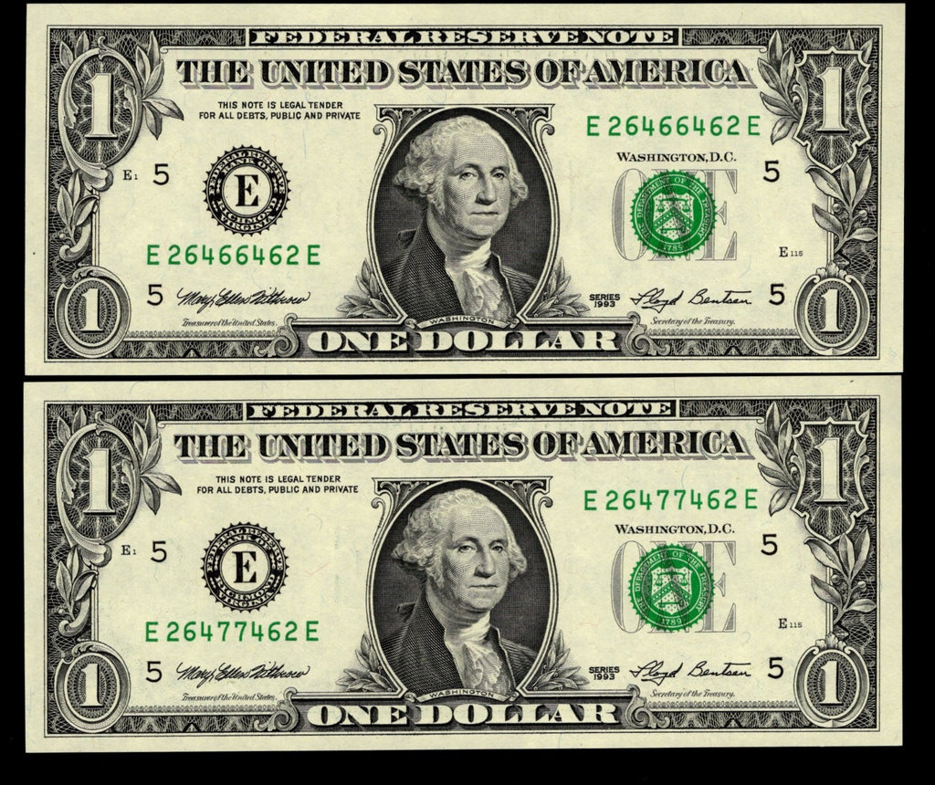 Radar Serial Number Set One Dollar Bills 1993 $1 EE Block Palindromes