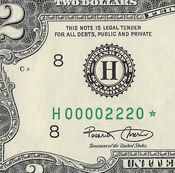 Binary Low Serial Number Star Note Two Dollar Bill H00002220* 2s 0s St Louis