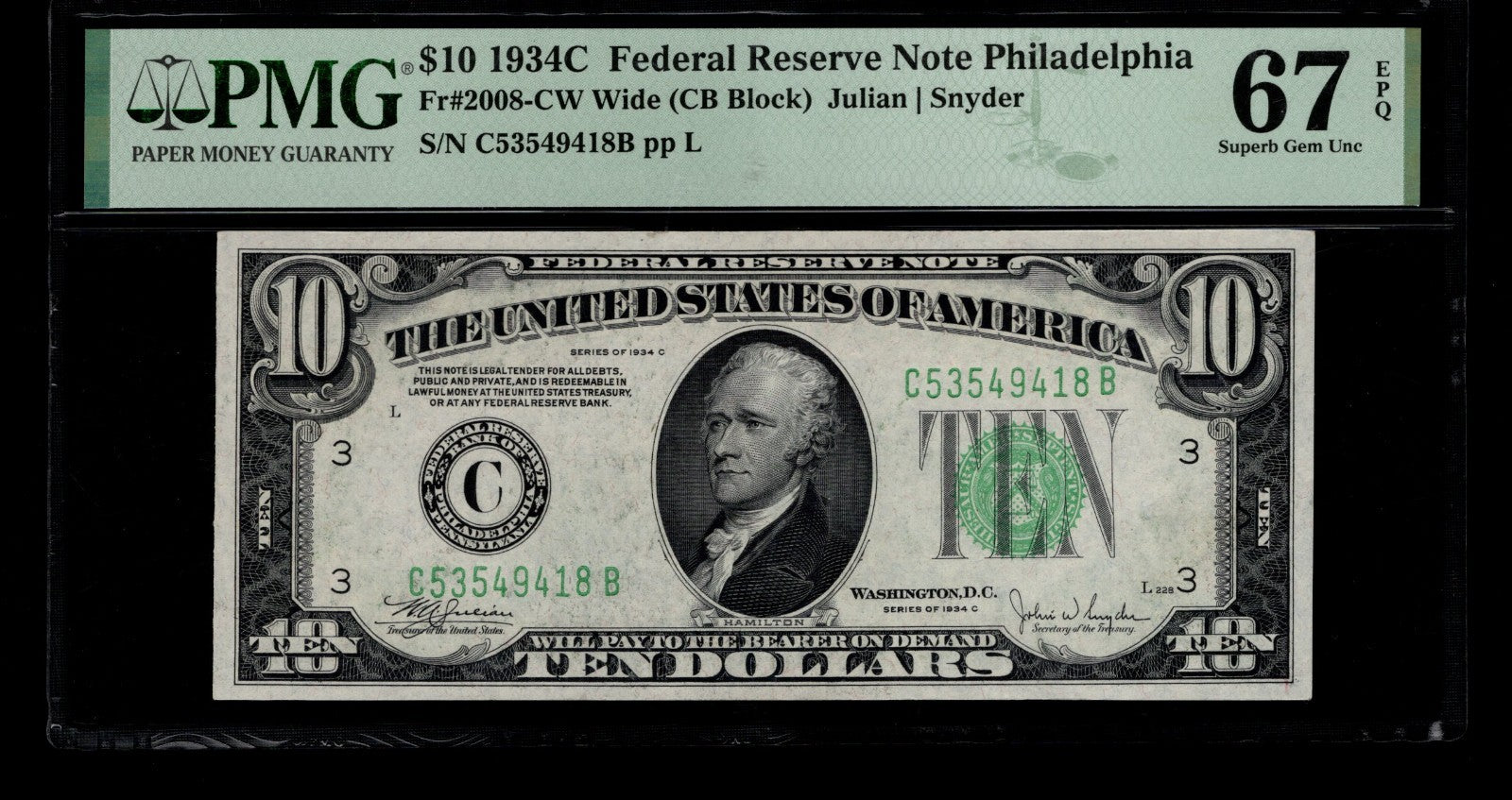 Ten Dollar Federal Reserve Note FR 2008CW PMG 67 1934C $10 FRN