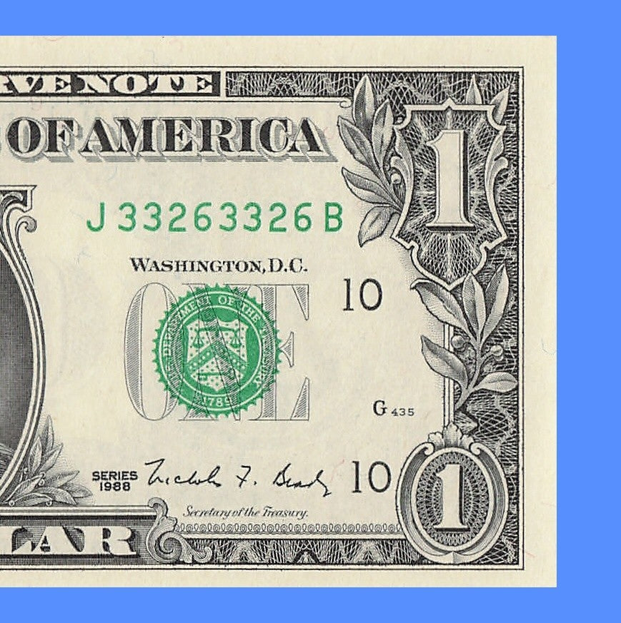 Repeater Fancy Serial Number One Dollar Bill 1988 2s 3s 6s JB Block Trinary