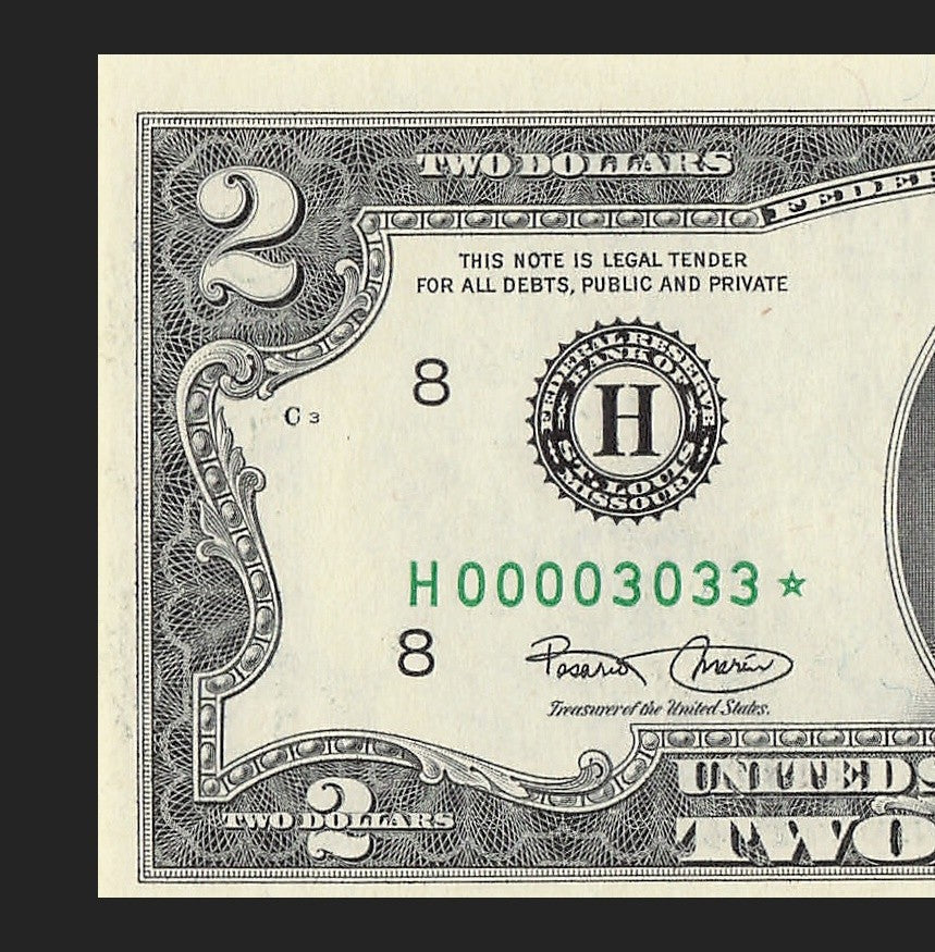 Binary Low Serial Number Star Note Two Dollar Bill H00003033* 3s 0s St Louis