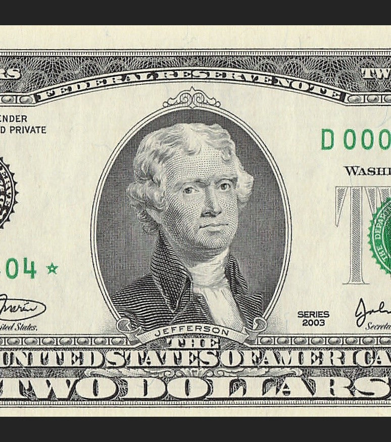 Binary Low Serial Number Star Note Two Dollar Bill D00004404* 4s 0s Cleveland