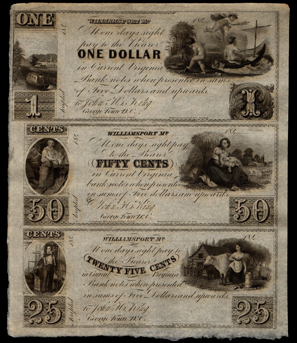 Williams Port Obsolete Maryland Uncut Sheet 1840s Era UNC 25 Cent 50 Cent $1