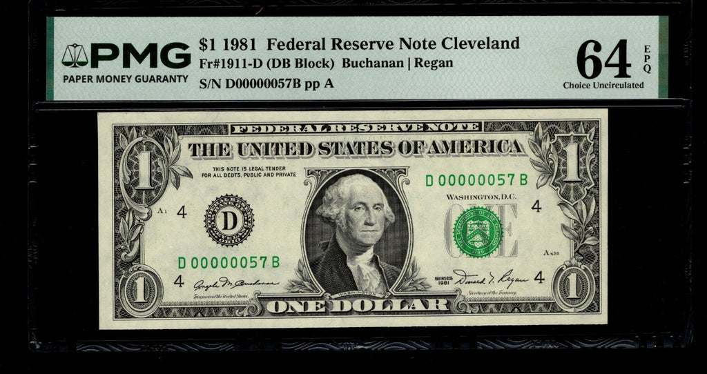 Low Serial Number 57 Fancy Serial Number One Dollar Bill PMG D00000057B