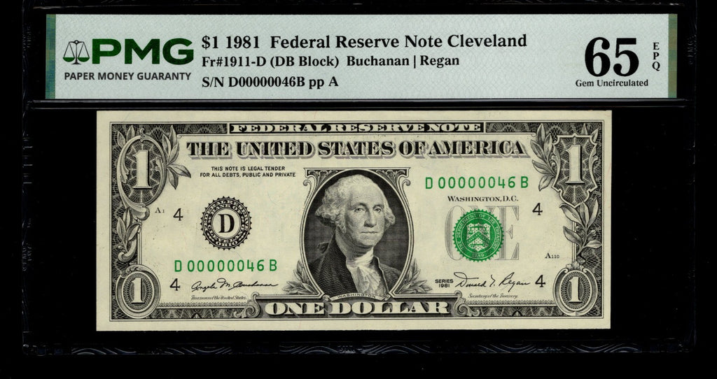 Low Serial Number 46 Fancy Serial Number One Dollar Bill PMG D00000046B