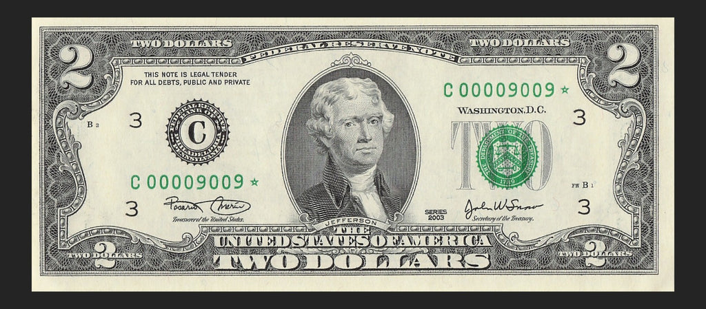Binary Low Serial Number Star Note Two Dollar Bill C00009009* 9s 0s Philadelphia
