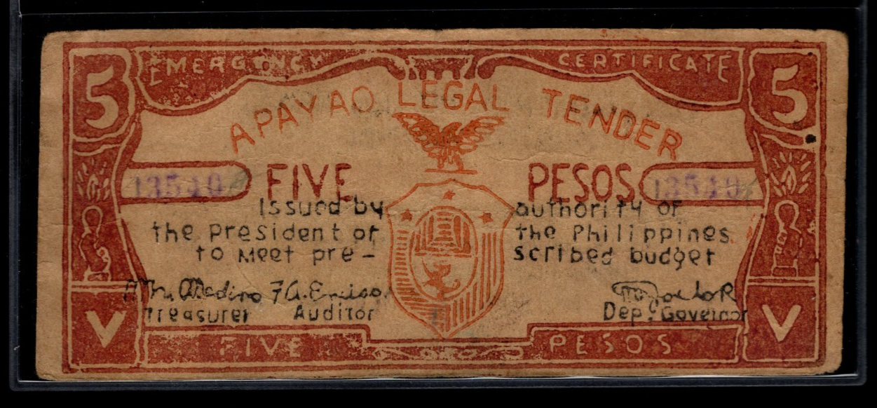 APAYAO LEGAL TENDER 5 Pesos Philippine Guerilla Currency Emergency Certificate