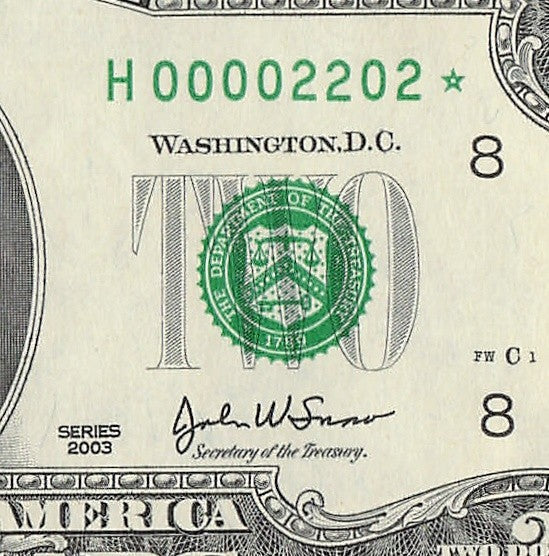 Binary Low Serial Number Star Note Two Dollar Bill H00002202* 2s 0s St Louis