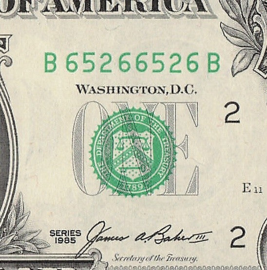 Repeater Fancy Serial Number One Dollar Bill 1985 2s 5s 6s BB Block