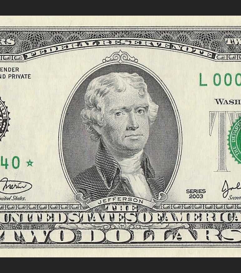 Binary Low Serial Number Star Note Two Dollar Bill L00004440* 4s 0s 444