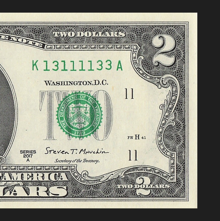 Binary Two Dollar Bill Fancy Serial Number 2017A $2 Dallas Binary 3s 1s