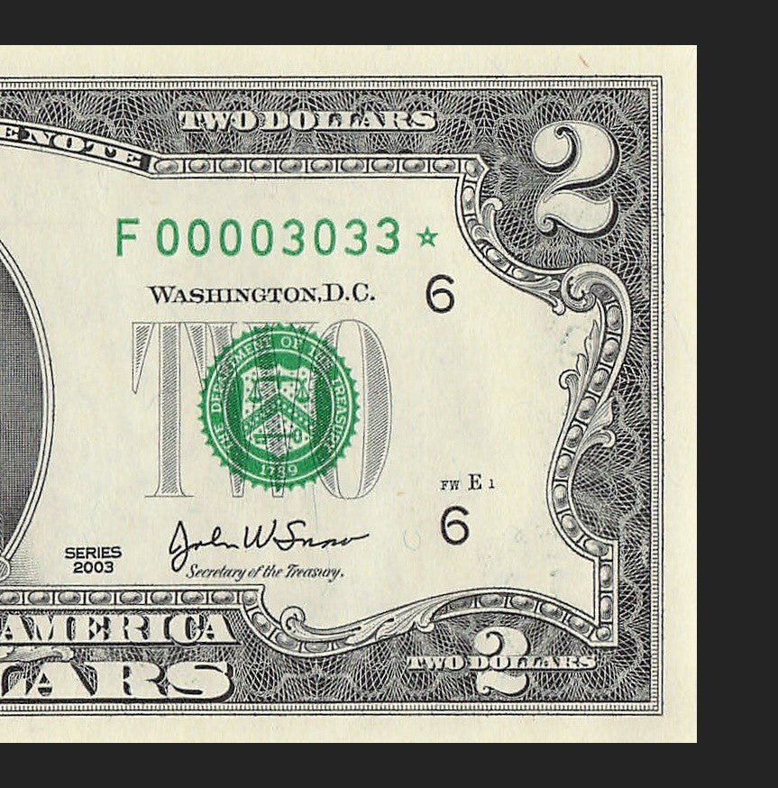 Binary Low Serial Number Star Note Two Dollar Bill F00003033* 3s 0s Atlanta