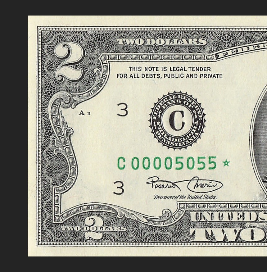 Binary Low Serial Number Star Note Two Dollar Bill C00005055* 5s 0s Philadelphia