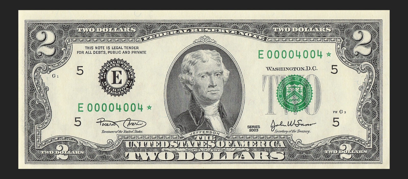 Binary Low Serial Number Star Note Two Dollar Bill E00004004* 4s 0s Richmond