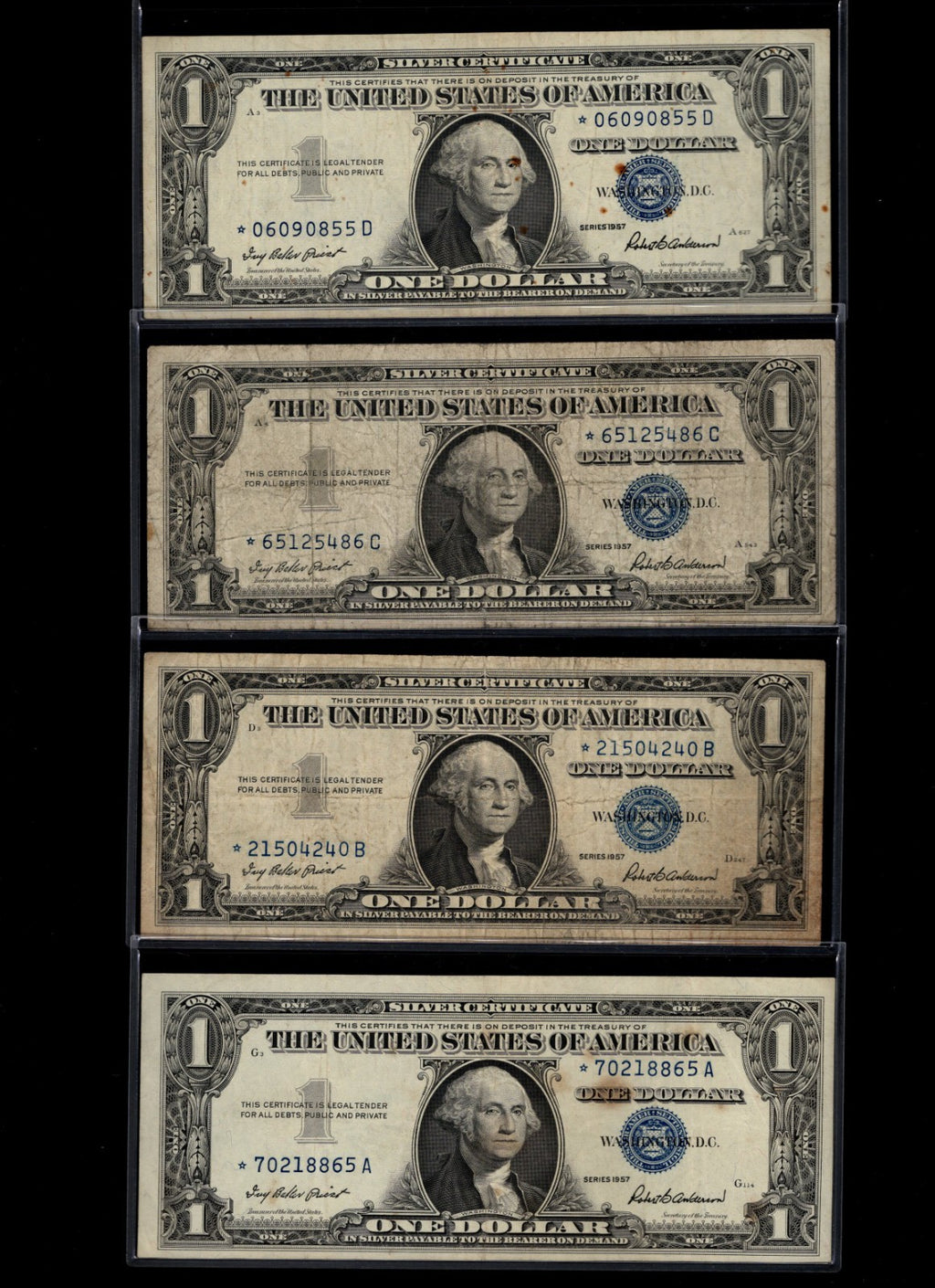 1957 $1 Silver Certificate Star Note Block Set Circulated Condition D Block to A