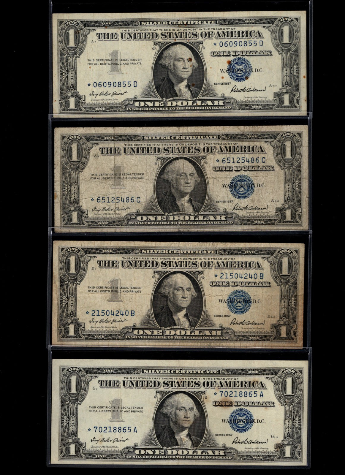 1957 $1 Silver Certificate Star Note Block Set Circulated Condition D Block to A