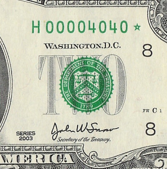 Binary Low Serial Number Star Note Two Dollar Bill H00004040* 4s 0s St Louis