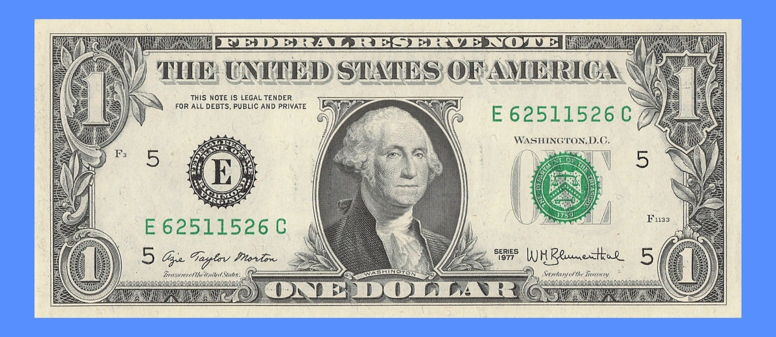 Radar Fancy Serial Number One Dollar Bill 1977 Richmond 1s 2s 5s 6s EC