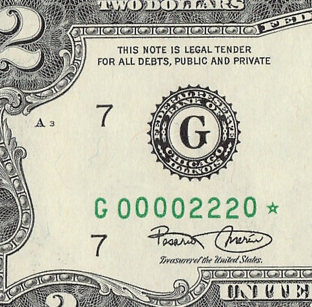 Binary Low Serial Number Star Note Two Dollar Bill G00002220* 2s 0s Chicago