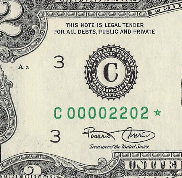 Binary Low Serial Number Star Note Two Dollar Bill C00002202* 2s 0s Philadelphia