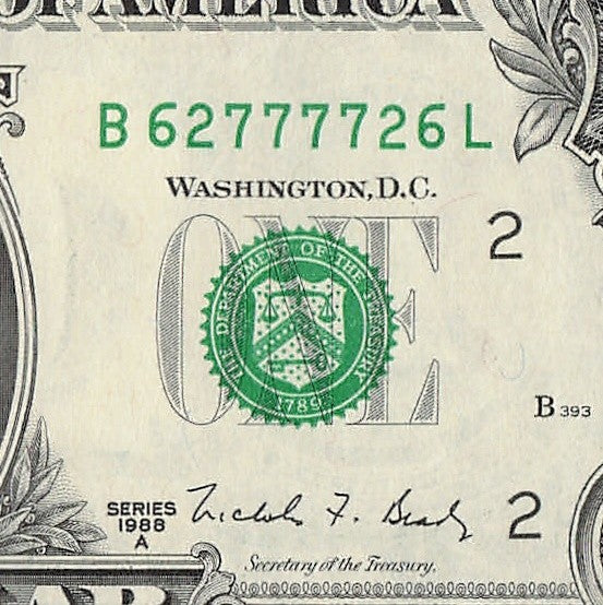 Radar Fancy Serial Number One Dollar Bill 2s 6s 7s 1988A BL Block Trinary