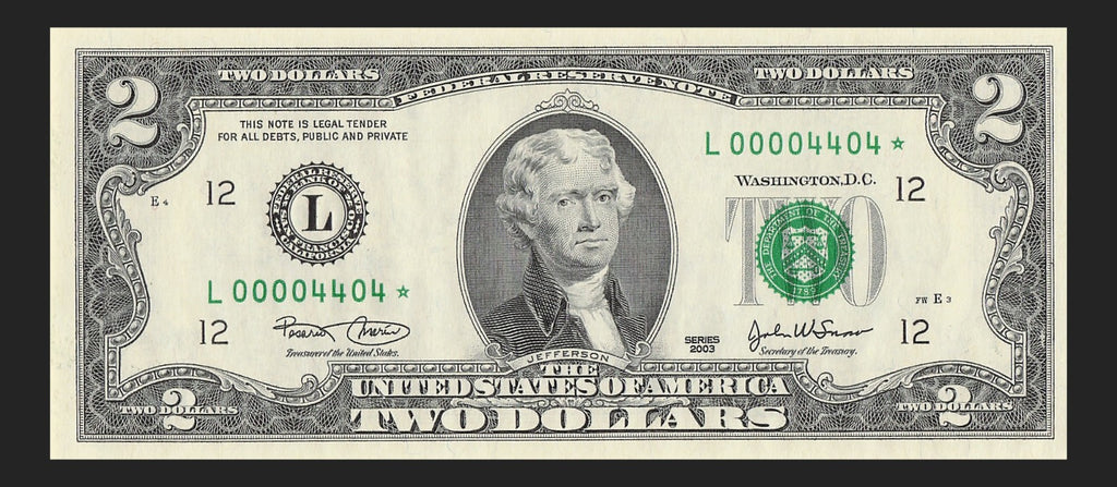 Binary Low Serial Number Star Note Two Dollar Bill L00004404* 4s 0s