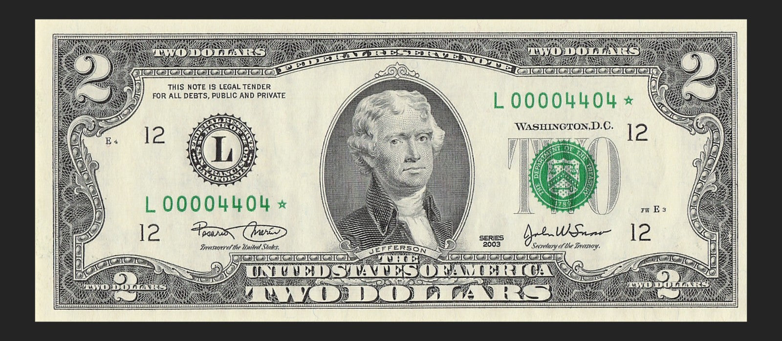 Binary Low Serial Number Star Note Two Dollar Bill L00004404* 4s 0s