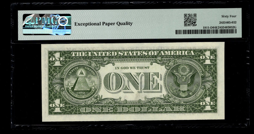 Low Serial Number 52 Fancy Serial Number One Dollar Bill PMG D00000052B
