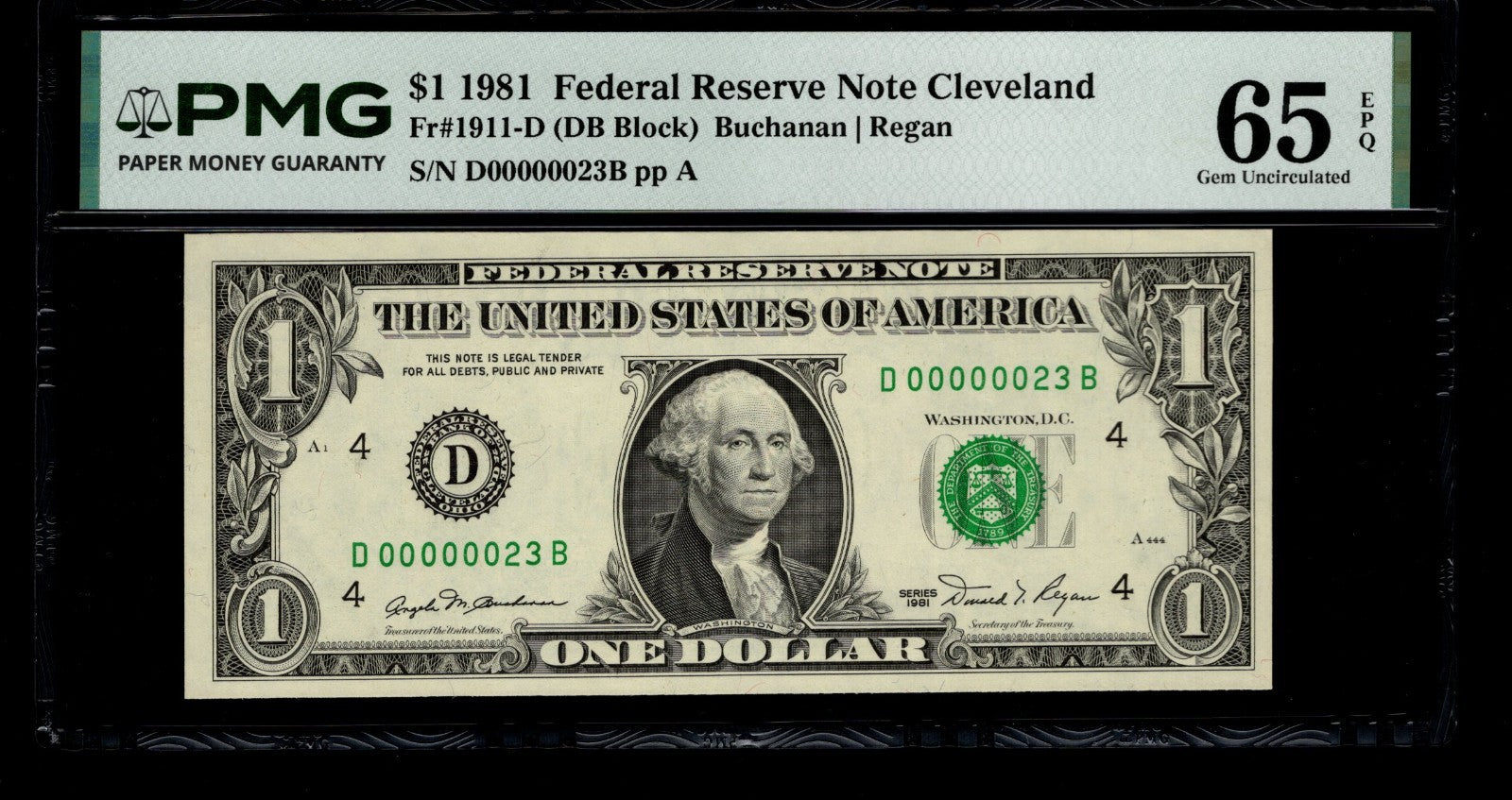 Low Serial Number 23 Fancy Serial Number One Dollar Bill PMG D00000023B